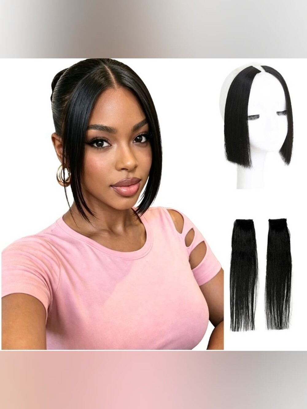 Long Clip in Side Bangs Human Hair 2 Piece Set Bone Straight 10" Black